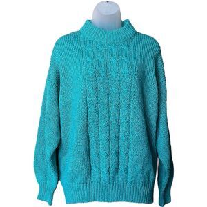 Vtg 80s Bristol Court Green Mock Neck Cableknit Grandma Sweater Sz M Chunky Knit